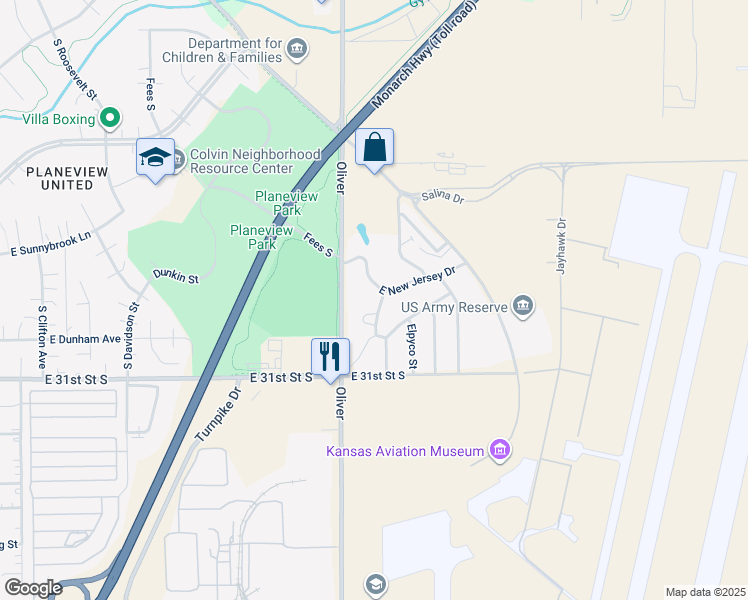 map of restaurants, bars, coffee shops, grocery stores, and more near 3037 South Valley Forge Street in Wichita