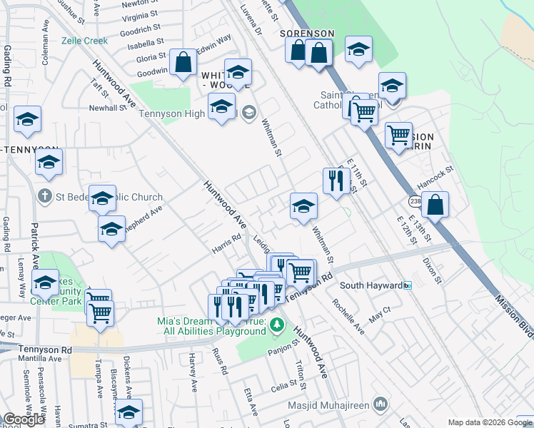 map of restaurants, bars, coffee shops, grocery stores, and more near 27704 Persimmon Drive in Hayward