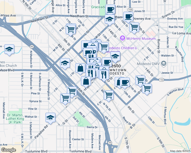 map of restaurants, bars, coffee shops, grocery stores, and more near 892 H Street in Modesto