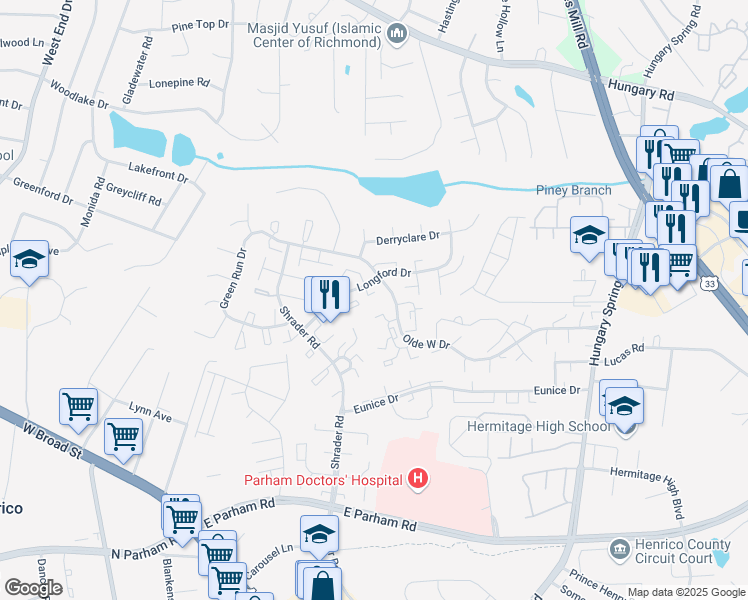 map of restaurants, bars, coffee shops, grocery stores, and more near 7703 O'Keith Court in Richmond