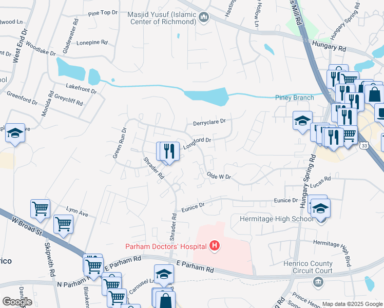 map of restaurants, bars, coffee shops, grocery stores, and more near 7703 O'Keith Court in Richmond