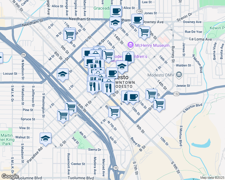 map of restaurants, bars, coffee shops, grocery stores, and more near 713 10th St in Modesto