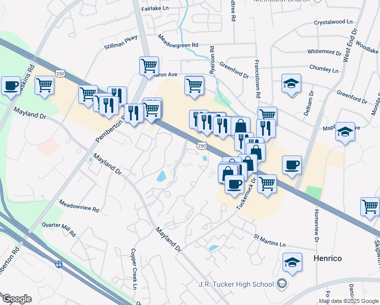 map of restaurants, bars, coffee shops, grocery stores, and more near 9311 Silver Stream Lane in Richmond