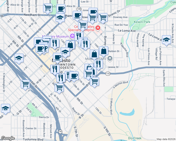 map of restaurants, bars, coffee shops, grocery stores, and more near 502 13th Street in Modesto