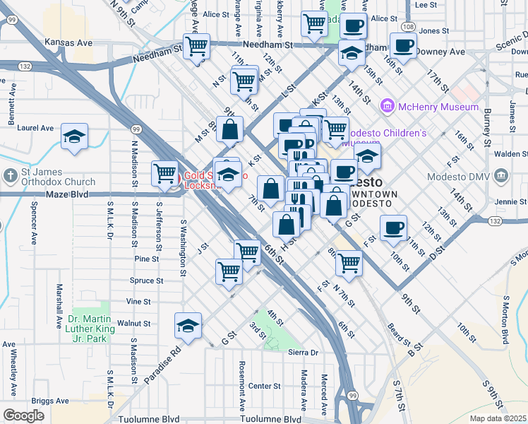 map of restaurants, bars, coffee shops, grocery stores, and more near 914 7th Street in Modesto