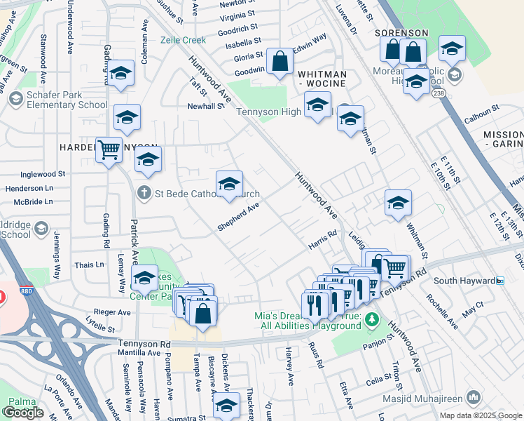 map of restaurants, bars, coffee shops, grocery stores, and more near 27209 Manon Avenue in Hayward