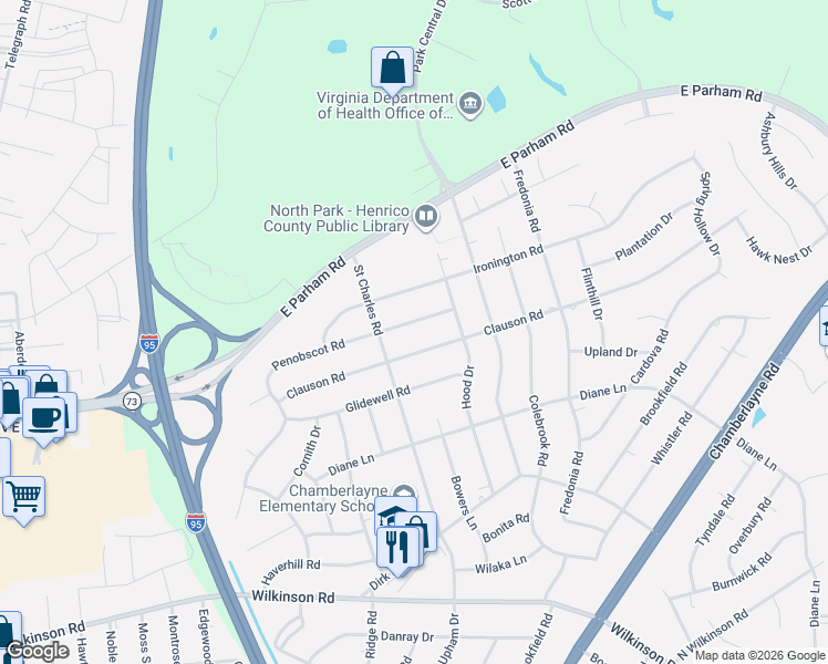 map of restaurants, bars, coffee shops, grocery stores, and more near 911 Penobscot Road in Richmond