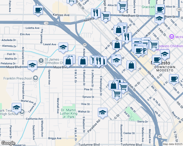map of restaurants, bars, coffee shops, grocery stores, and more near 202 Maple Street in Modesto