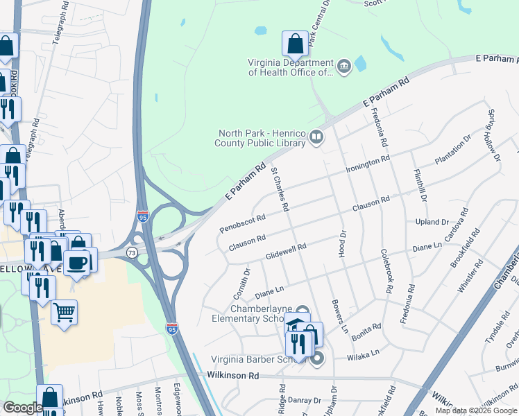 map of restaurants, bars, coffee shops, grocery stores, and more near 1109 Ironington Road in Richmond
