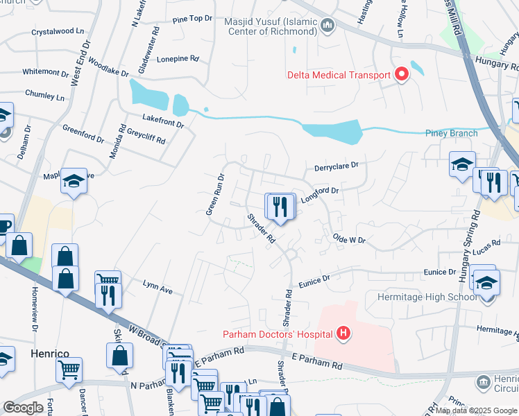 map of restaurants, bars, coffee shops, grocery stores, and more near 7733 Balla Court in Henrico