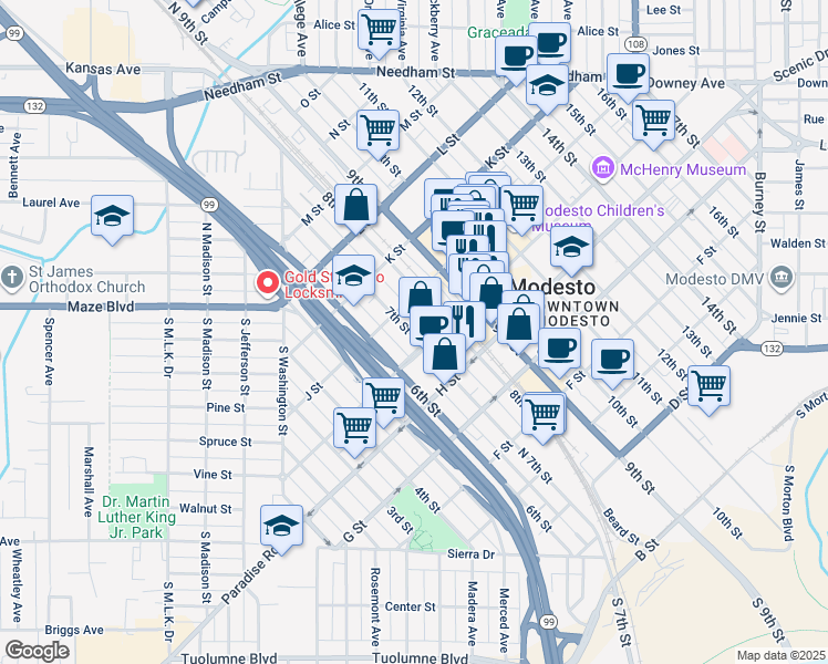 map of restaurants, bars, coffee shops, grocery stores, and more near 914 7th St in Modesto