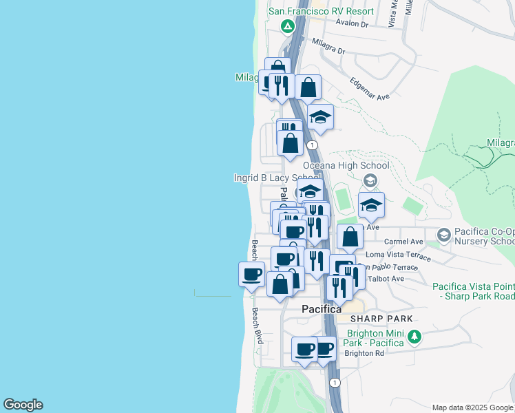 map of restaurants, bars, coffee shops, grocery stores, and more near 212 Shoreview Avenue in Pacifica