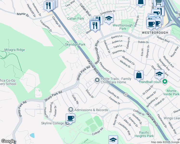map of restaurants, bars, coffee shops, grocery stores, and more near 923 Pacific Bay Circle in San Bruno