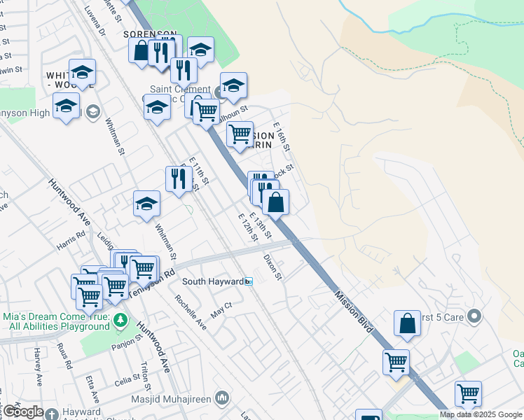 map of restaurants, bars, coffee shops, grocery stores, and more near 28257 Mission Boulevard in Hayward