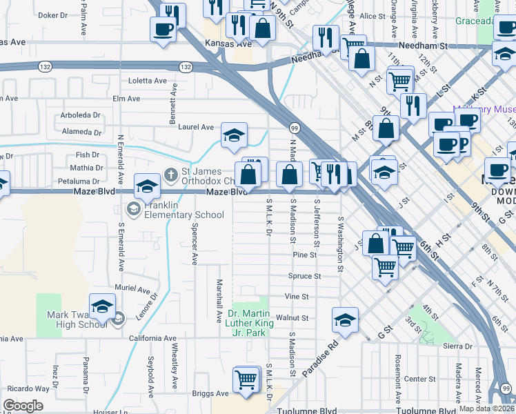 map of restaurants, bars, coffee shops, grocery stores, and more near 412 Maple Street in Modesto