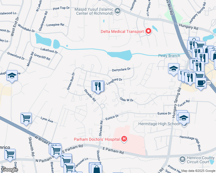 map of restaurants, bars, coffee shops, grocery stores, and more near 7705 O'Keith Court in Richmond