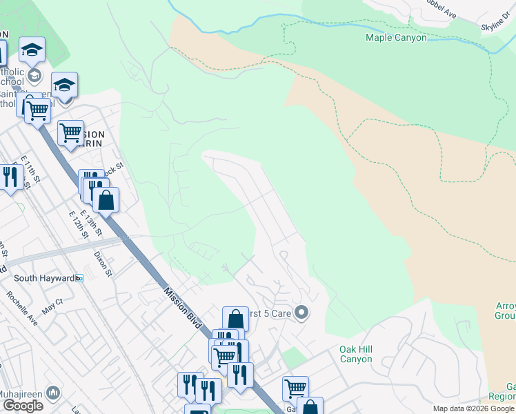 map of restaurants, bars, coffee shops, grocery stores, and more near 28780 Vista Grande Drive in Hayward