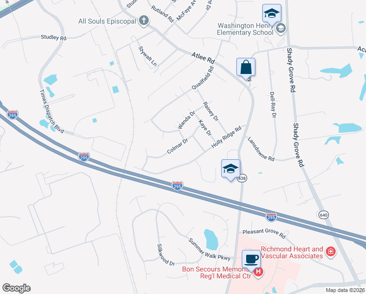 map of restaurants, bars, coffee shops, grocery stores, and more near 8333 Colmar Drive in Mechanicsville