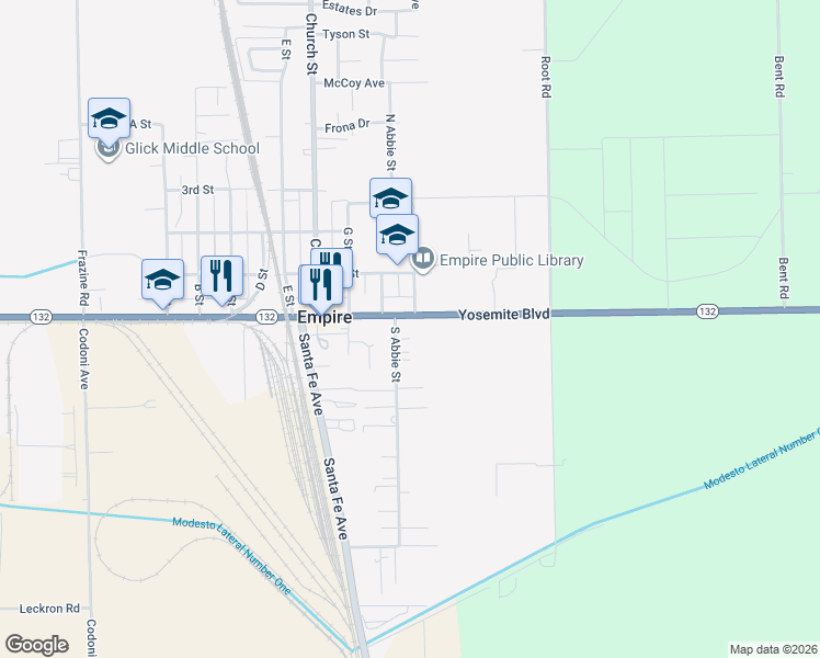 map of restaurants, bars, coffee shops, grocery stores, and more near 5216 California 132 in Modesto