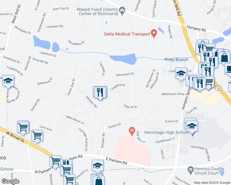 map of restaurants, bars, coffee shops, grocery stores, and more near 7701 O'Keith Court in Richmond