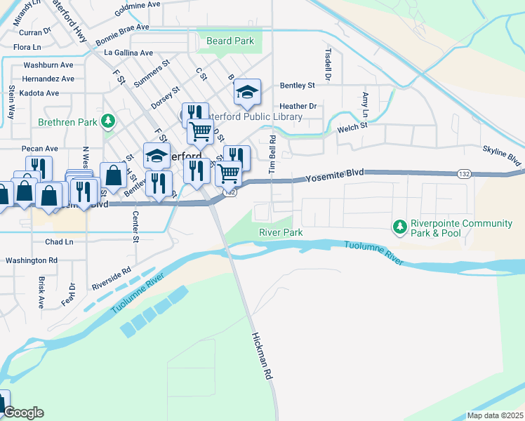 map of restaurants, bars, coffee shops, grocery stores, and more near 12900 Hickman Street in Waterford