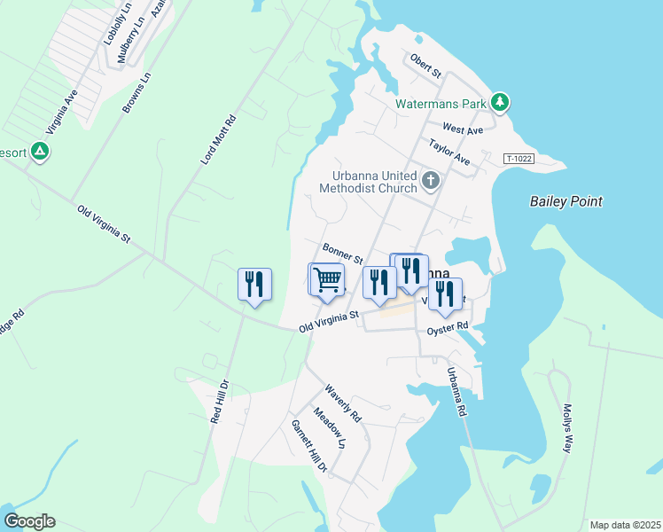 map of restaurants, bars, coffee shops, grocery stores, and more near 160 Grace Avenue in Urbanna