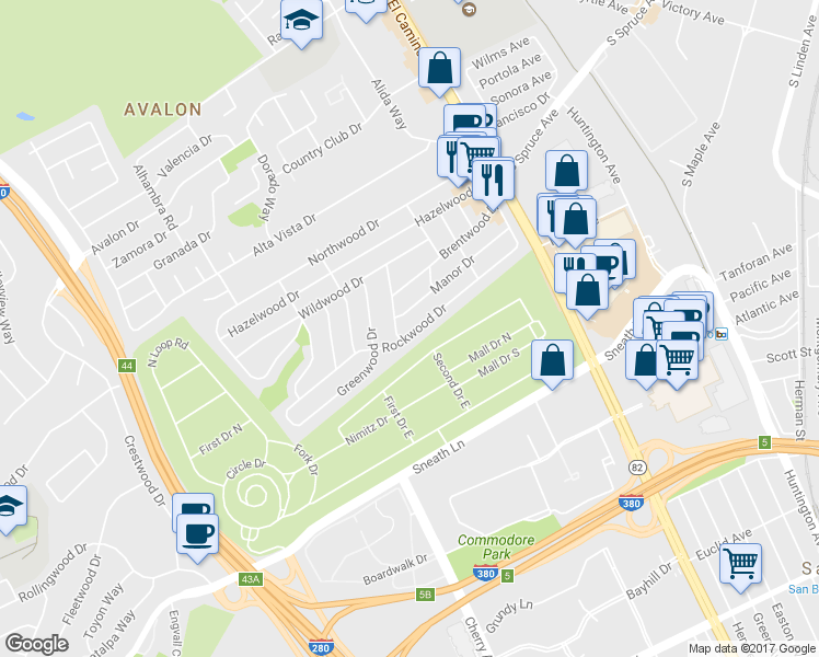 map of restaurants, bars, coffee shops, grocery stores, and more near 236 Rockwood Drive in South San Francisco