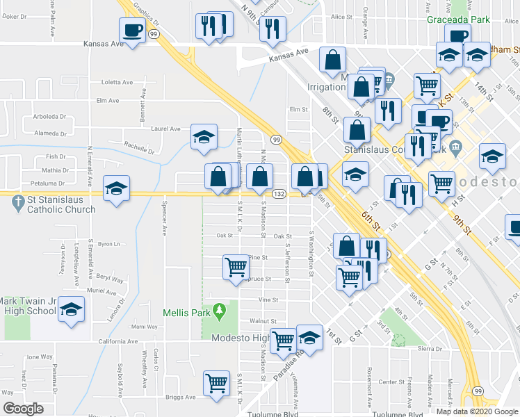 map of restaurants, bars, coffee shops, grocery stores, and more near 302 Maple Street in Modesto