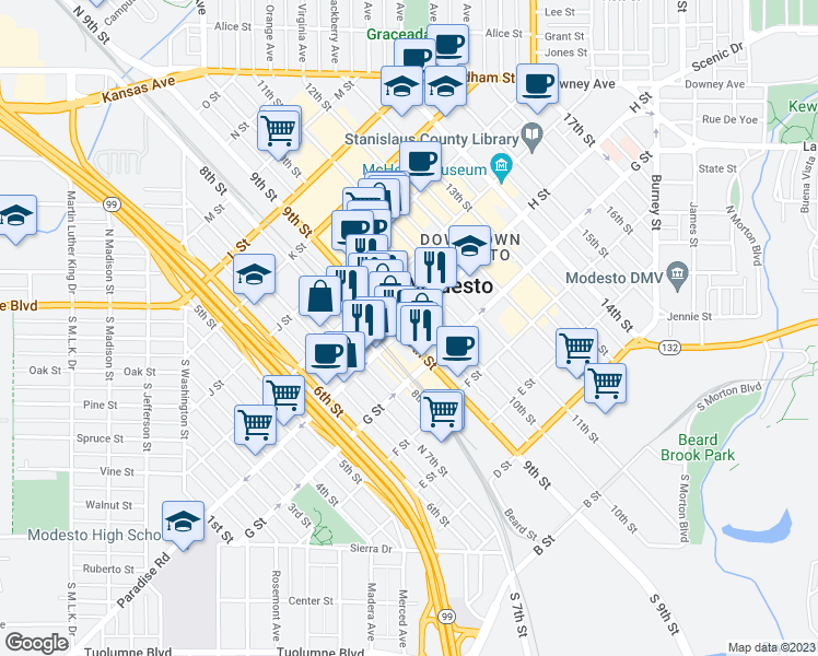 map of restaurants, bars, coffee shops, grocery stores, and more near 892 H Street in Modesto