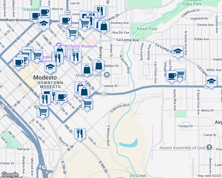 map of restaurants, bars, coffee shops, grocery stores, and more near 111 Groveland Street in Modesto