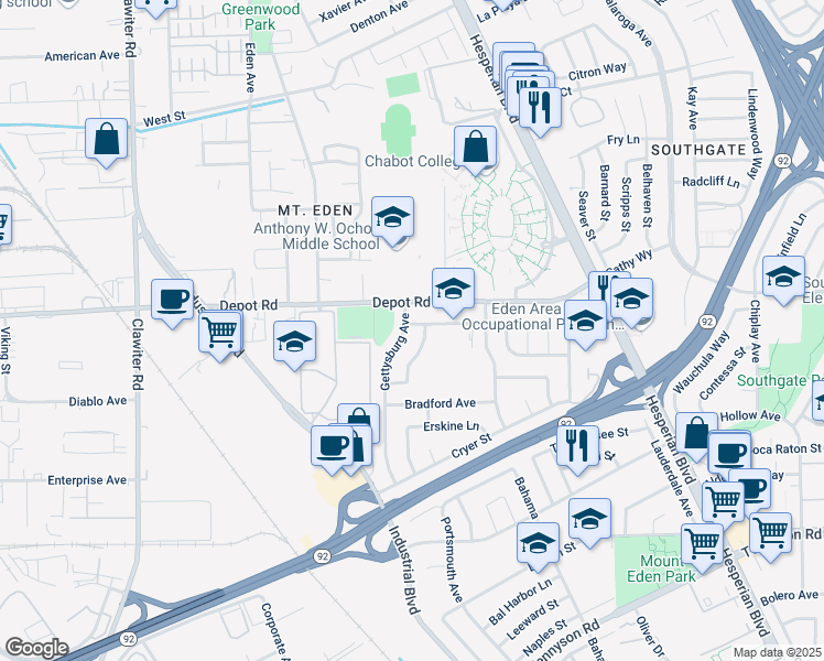 map of restaurants, bars, coffee shops, grocery stores, and more near 2242 Thayer Ave in Hayward