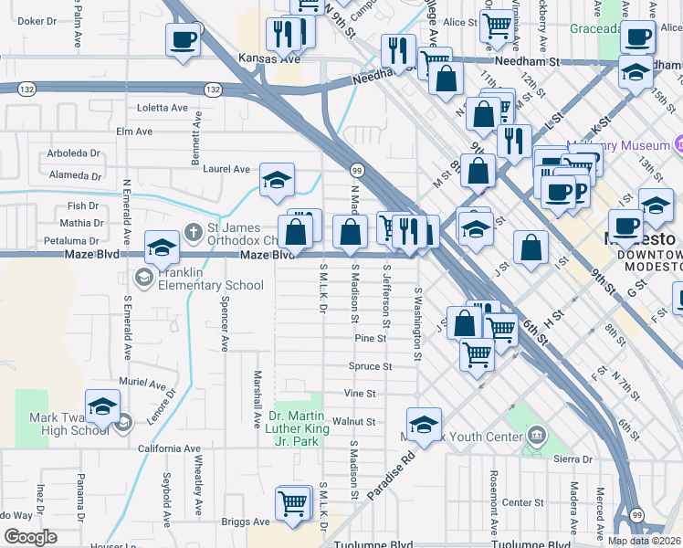 map of restaurants, bars, coffee shops, grocery stores, and more near 316 Maple St in Modesto