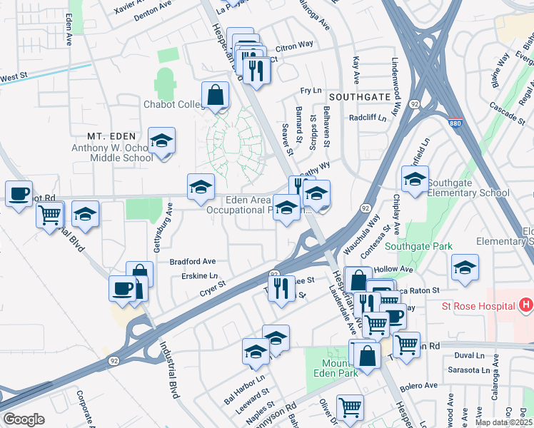map of restaurants, bars, coffee shops, grocery stores, and more near 26200 Coventry Lane in Hayward