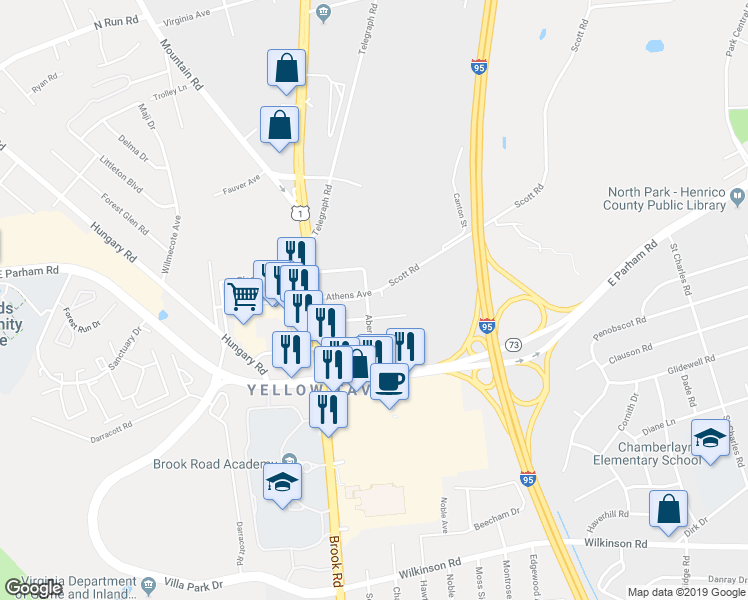 map of restaurants, bars, coffee shops, grocery stores, and more near 1007 Athens Avenue in Richmond
