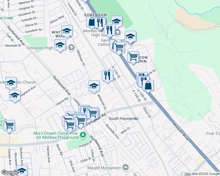 map of restaurants, bars, coffee shops, grocery stores, and more near 389 White Drive in Hayward