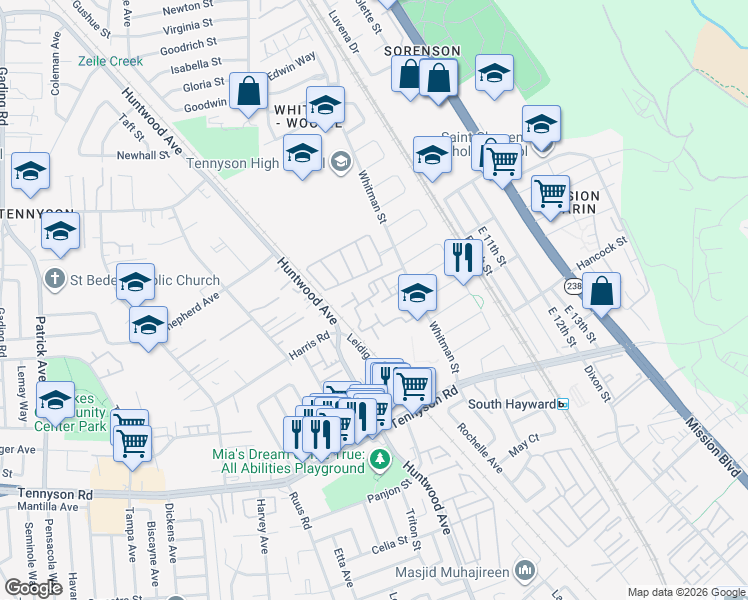 map of restaurants, bars, coffee shops, grocery stores, and more near 27704 Persimmon Drive in Hayward