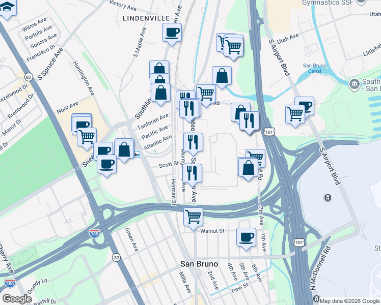 map of restaurants, bars, coffee shops, grocery stores, and more near 1125 San Mateo Avenue in San Bruno