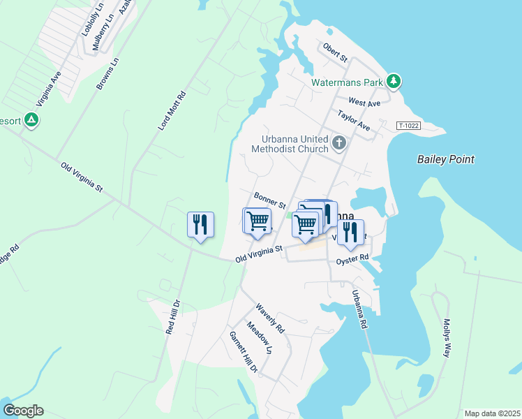 map of restaurants, bars, coffee shops, grocery stores, and more near 160 Grace Avenue in Urbanna