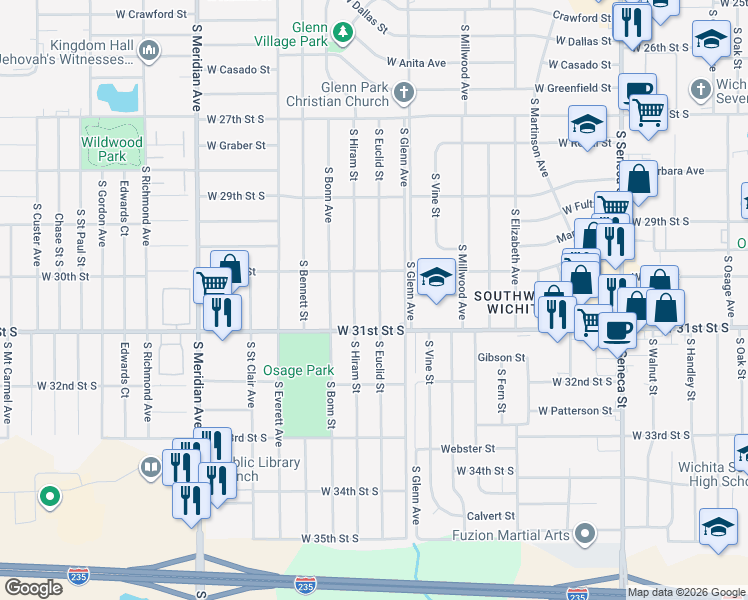 map of restaurants, bars, coffee shops, grocery stores, and more near 3133 South Euclid Street in Wichita