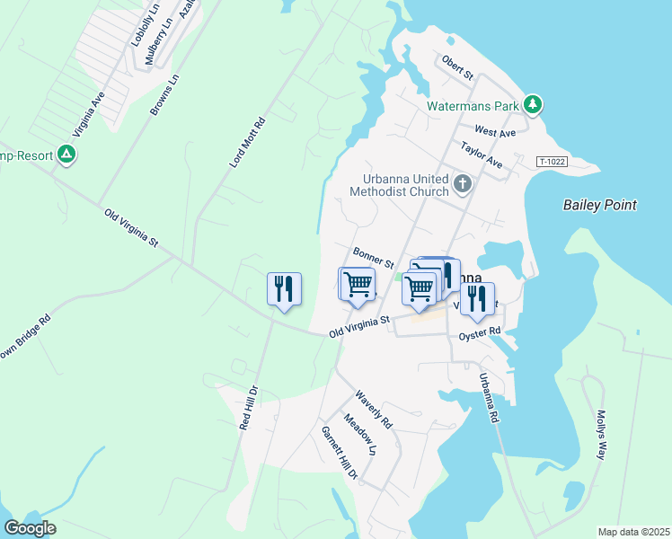map of restaurants, bars, coffee shops, grocery stores, and more near 156 Linden Avenue in Urbanna