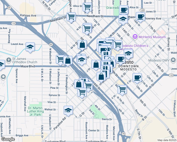 map of restaurants, bars, coffee shops, grocery stores, and more near 618 J Street in Modesto