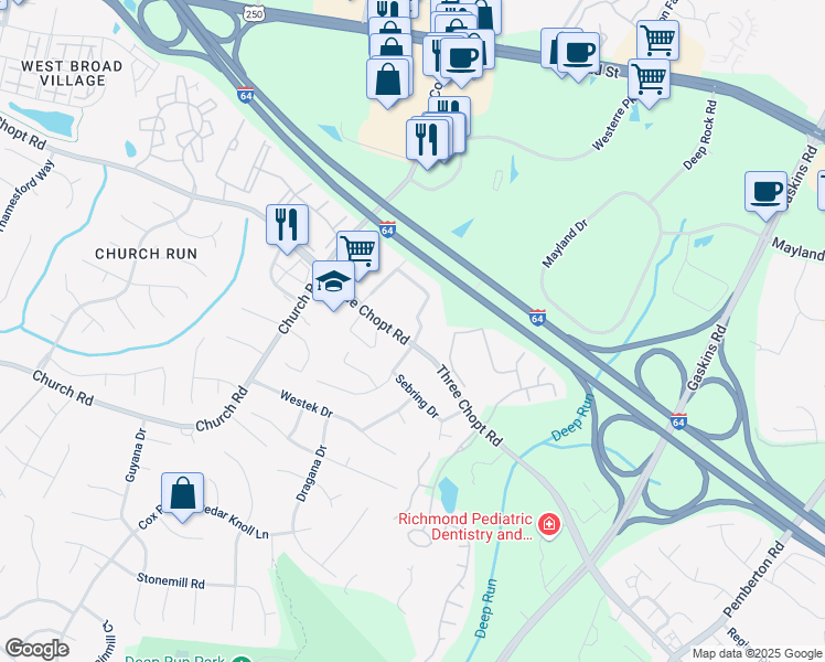 map of restaurants, bars, coffee shops, grocery stores, and more near 10908 Greenaire Place in Henrico