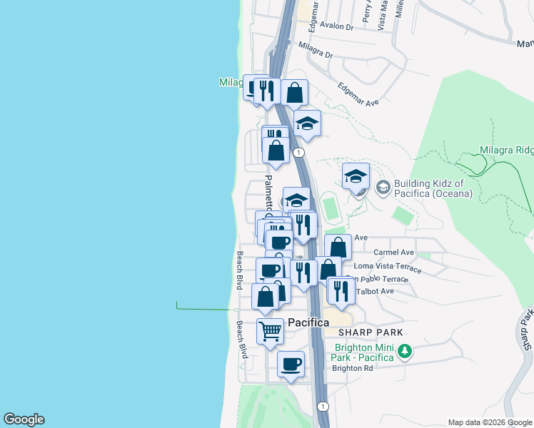 map of restaurants, bars, coffee shops, grocery stores, and more near 196 Surf Street in Pacifica