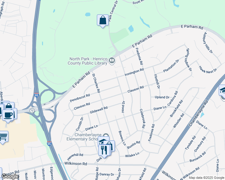 map of restaurants, bars, coffee shops, grocery stores, and more near 907 Penobscot Road in Richmond