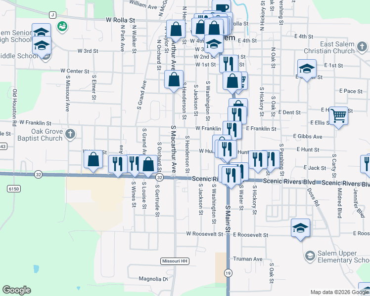 map of restaurants, bars, coffee shops, grocery stores, and more near 400 West Hunt Street in Salem