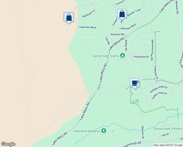 map of restaurants, bars, coffee shops, grocery stores, and more near 92 Bridges Lane in Mammoth Lakes