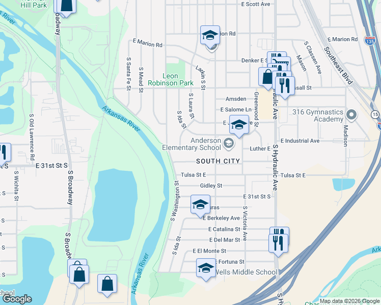map of restaurants, bars, coffee shops, grocery stores, and more near 1113 Luther East in Wichita