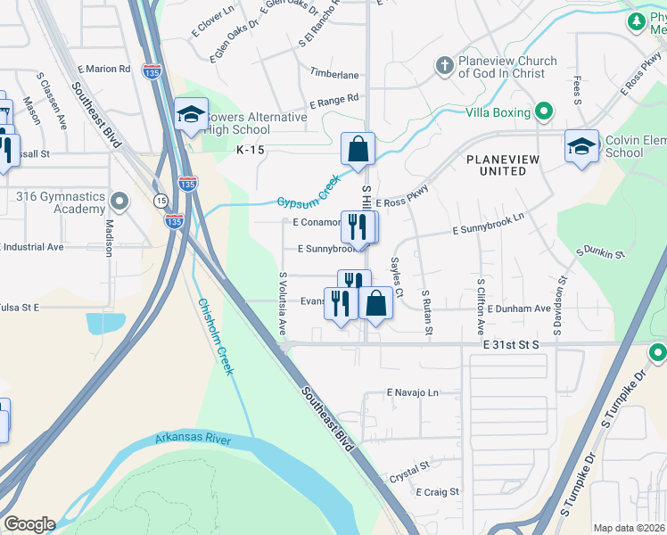 map of restaurants, bars, coffee shops, grocery stores, and more near 3024 Evans Street in Wichita
