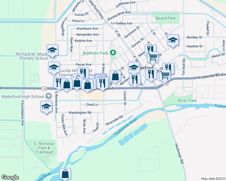 map of restaurants, bars, coffee shops, grocery stores, and more near 12212 Yosemite Boulevard in Waterford