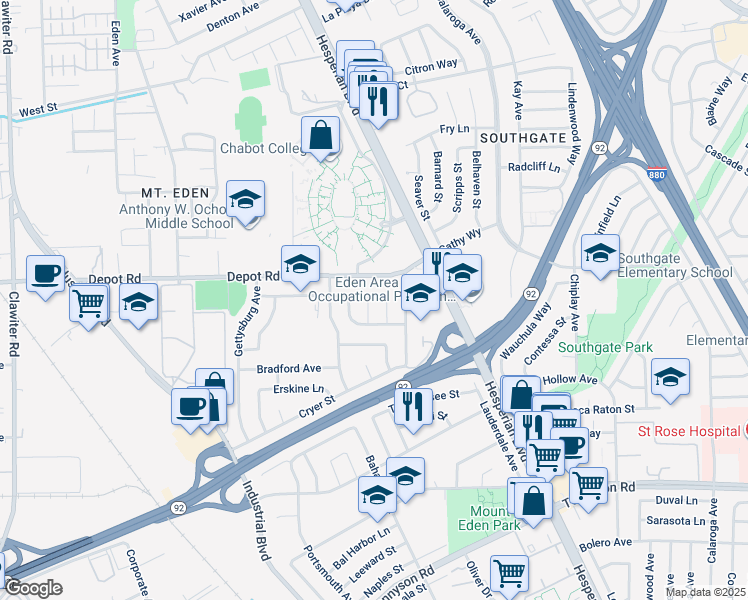 map of restaurants, bars, coffee shops, grocery stores, and more near 26164 Danforth Lane in Hayward